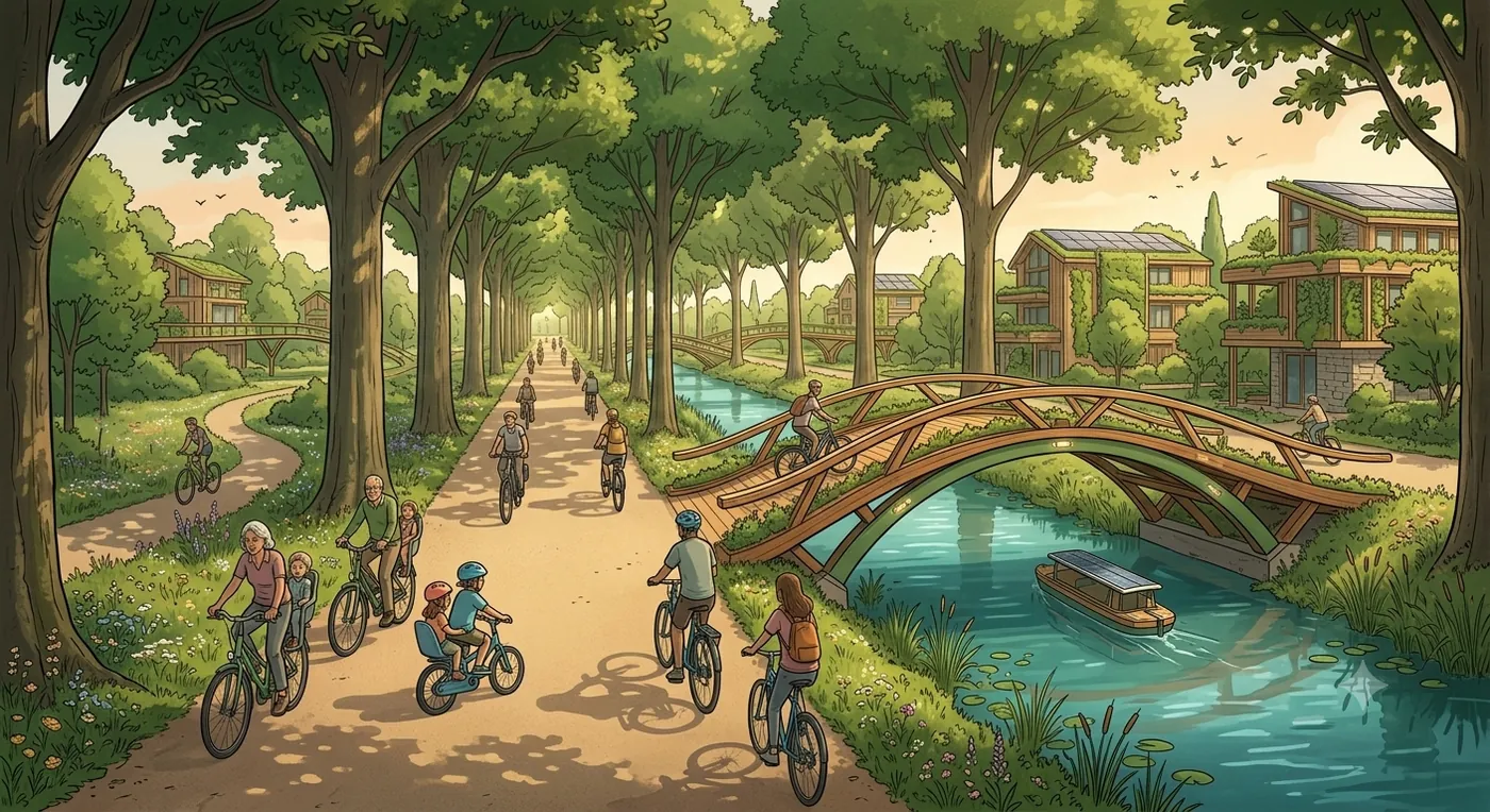 Brede, directe fietsroute door groen met een eigen brug over een gracht
