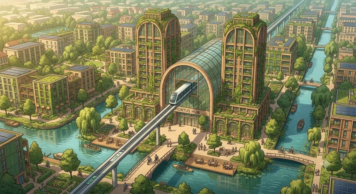 Twee groene torens met een grote glazen hal ertussen, waar de vervoerslijn het gebouw in rijdt