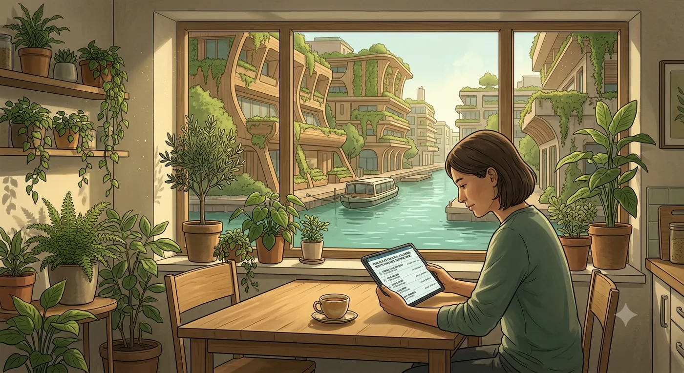 Iemand bekijkt rustig het openbare stadsregister op een tablet aan de keukentafel
