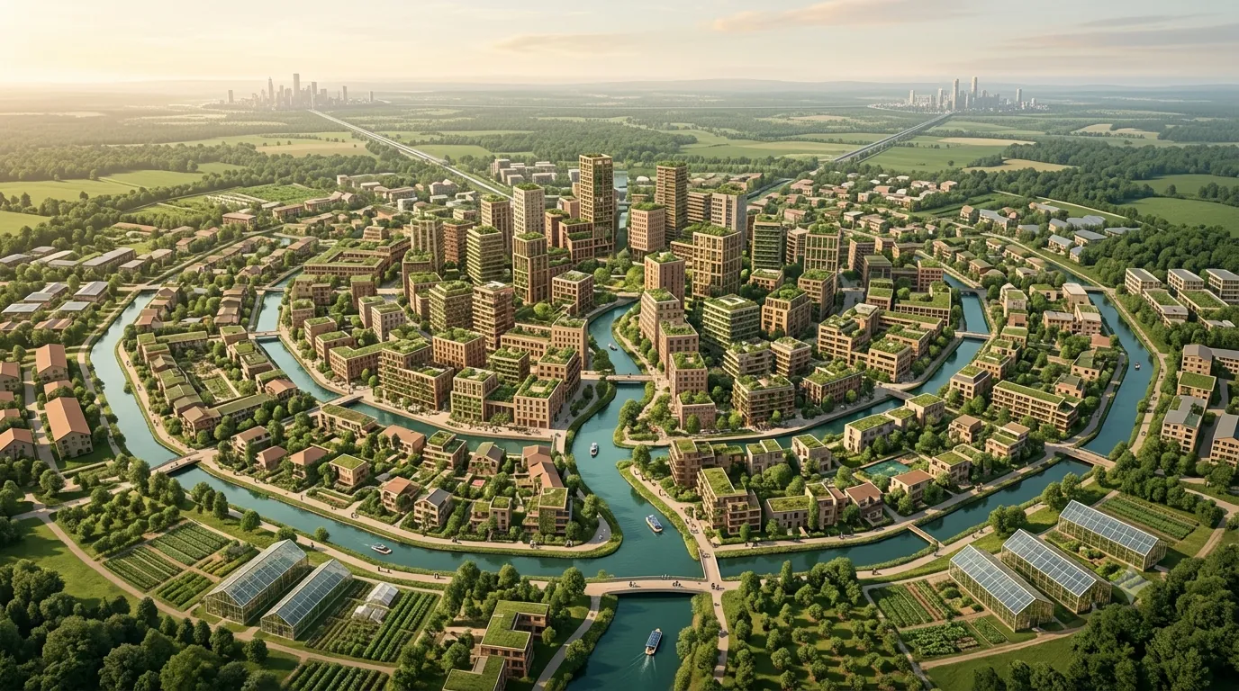 Luchtbeeld van de stad: groene ringen rond water met een dicht centrum