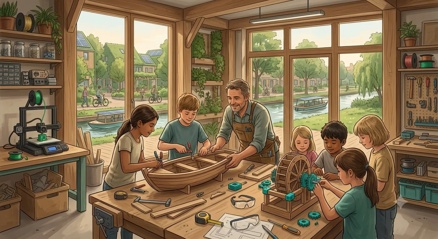 Kinderen werken aan een project in een lichte buurtwerkplaats, met een docent en een 3D-printer