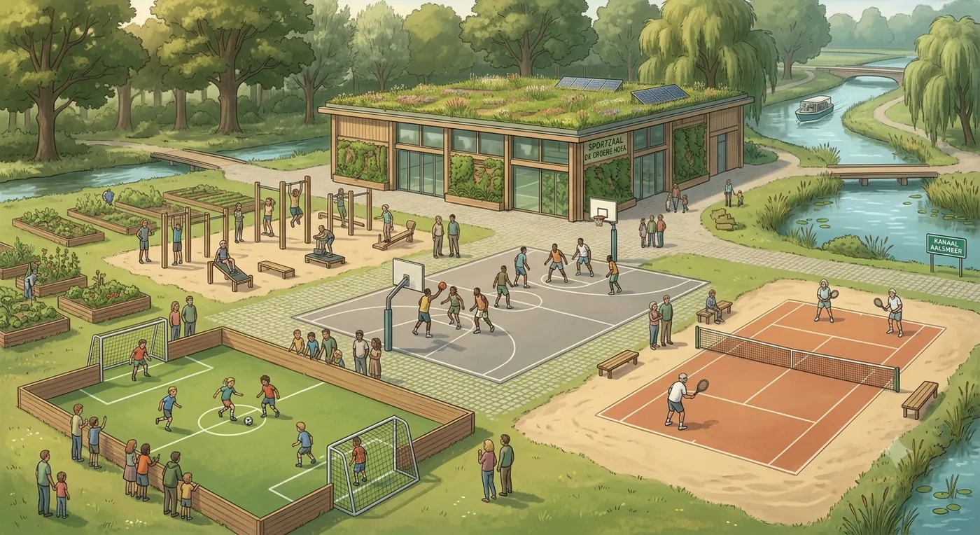Sportplein waar voetbal, basketbal, tennis en buitenfitness naast elkaar gebeuren
