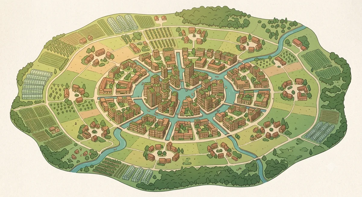 Geïllustreerde kaart van de stad in vier organische ringen: hoog hart, tussenring, buurtschappen en greenbelt