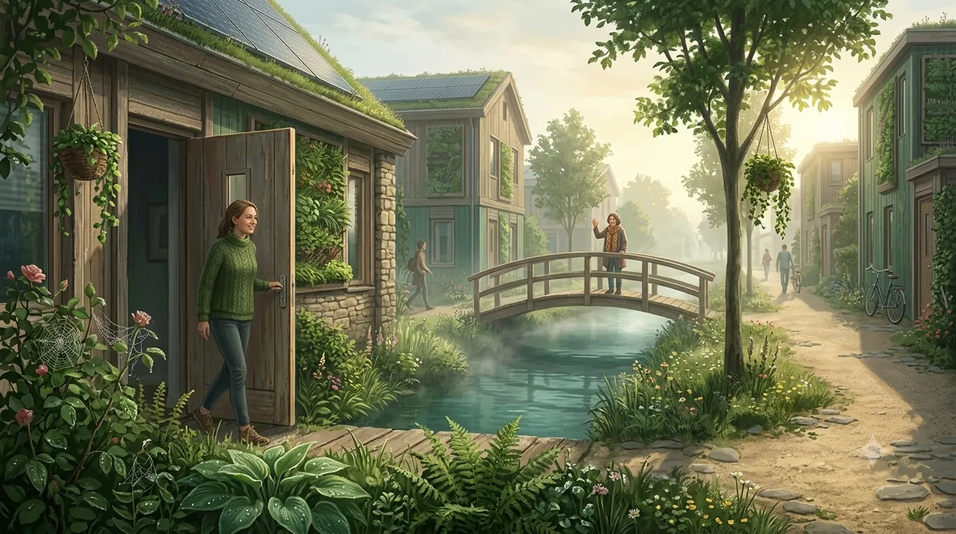 Ochtend in de stad: iemand stapt de voordeur uit het groen in, met een rustige gracht en een zwaaiende buur