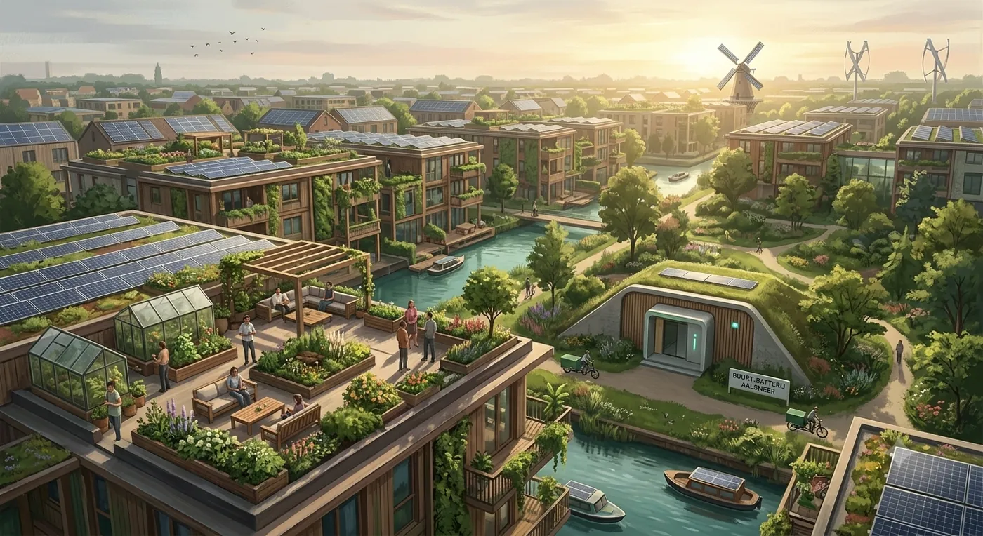 Daken vol zonnepanelen tussen daktuinen, met een wijk-accu half verzonken in het park
