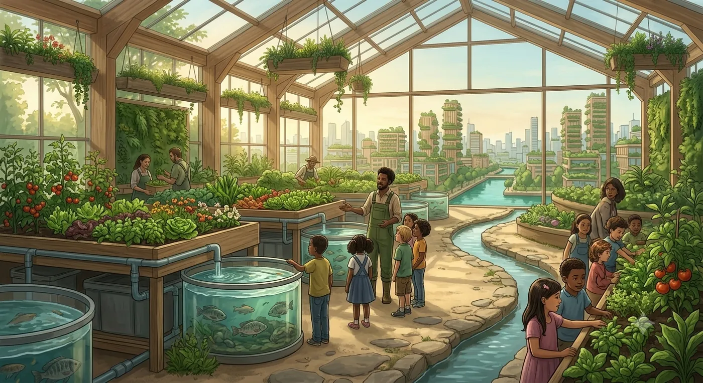 Kas in de greenbelt met aquaponics-bakken, kwekers en een schoolklas op bezoek